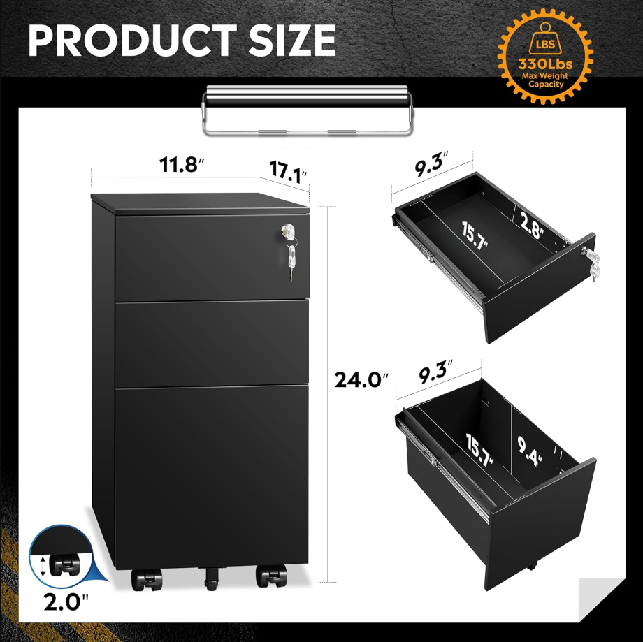 3 Drawer Vertical File Cabinet, Mobile Filing Cabinet with Slim Width for Home Office, Black