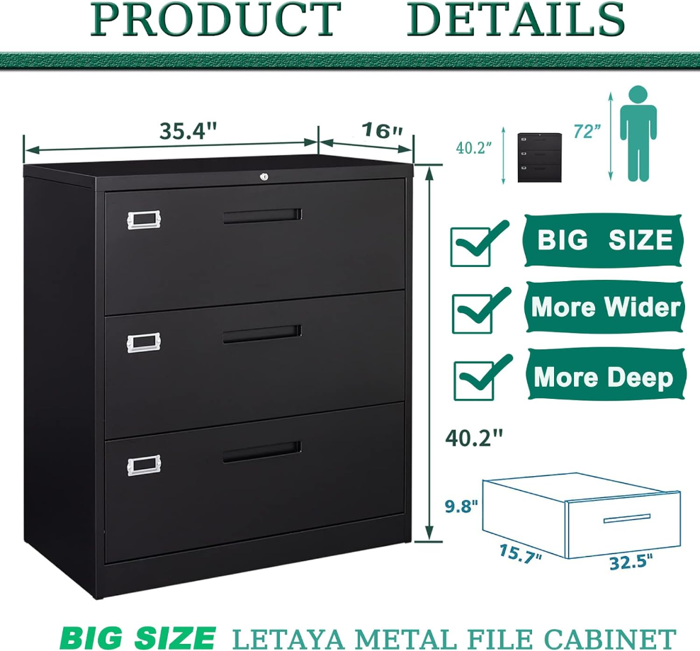 Lateral 3 Drawer File Cabinets with Lock, Metal Filing Storage Vertical Cabinets,Home Office Furniture for Organization Hanging Letter/Legal/F4/A4(Black)