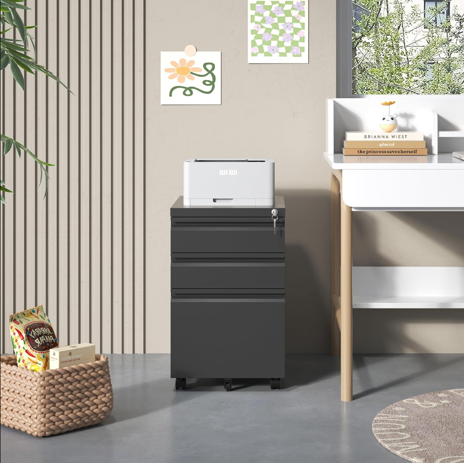 3 Drawer Mobile File Cabinet, Filing Cabinet Home Office for Letter, Legal Size, Fully Assembled Under Desk File Cabinet, Black