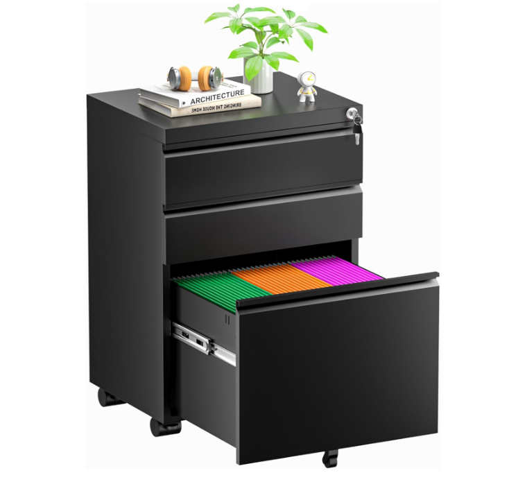Black File Cabinet 3 Drawer, Metal Rolling Vertical Filing Cabinet with Wheels, Small Under Desk File Cabinet for Home Office, Fully Assembled Except Wheel