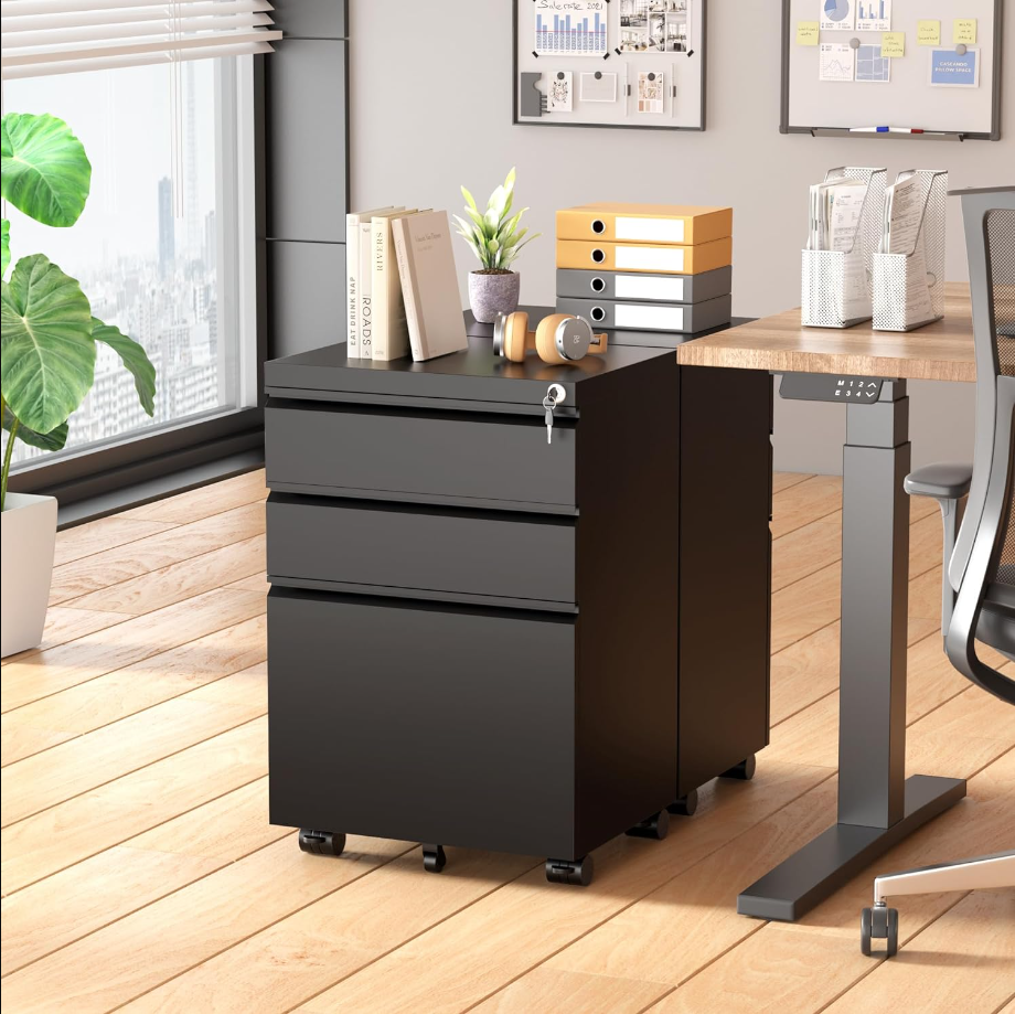 Black File Cabinet 3 Drawer, Metal Rolling Vertical Filing Cabinet with Wheels, Small Under Desk File Cabinet for Home Office, Fully Assembled Except Wheel