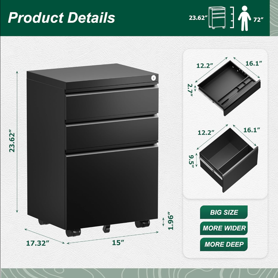 Black File Cabinet 3 Drawer, Metal Rolling Vertical Filing Cabinet with Wheels, Small Under Desk File Cabinet for Home Office, Fully Assembled Except Wheel