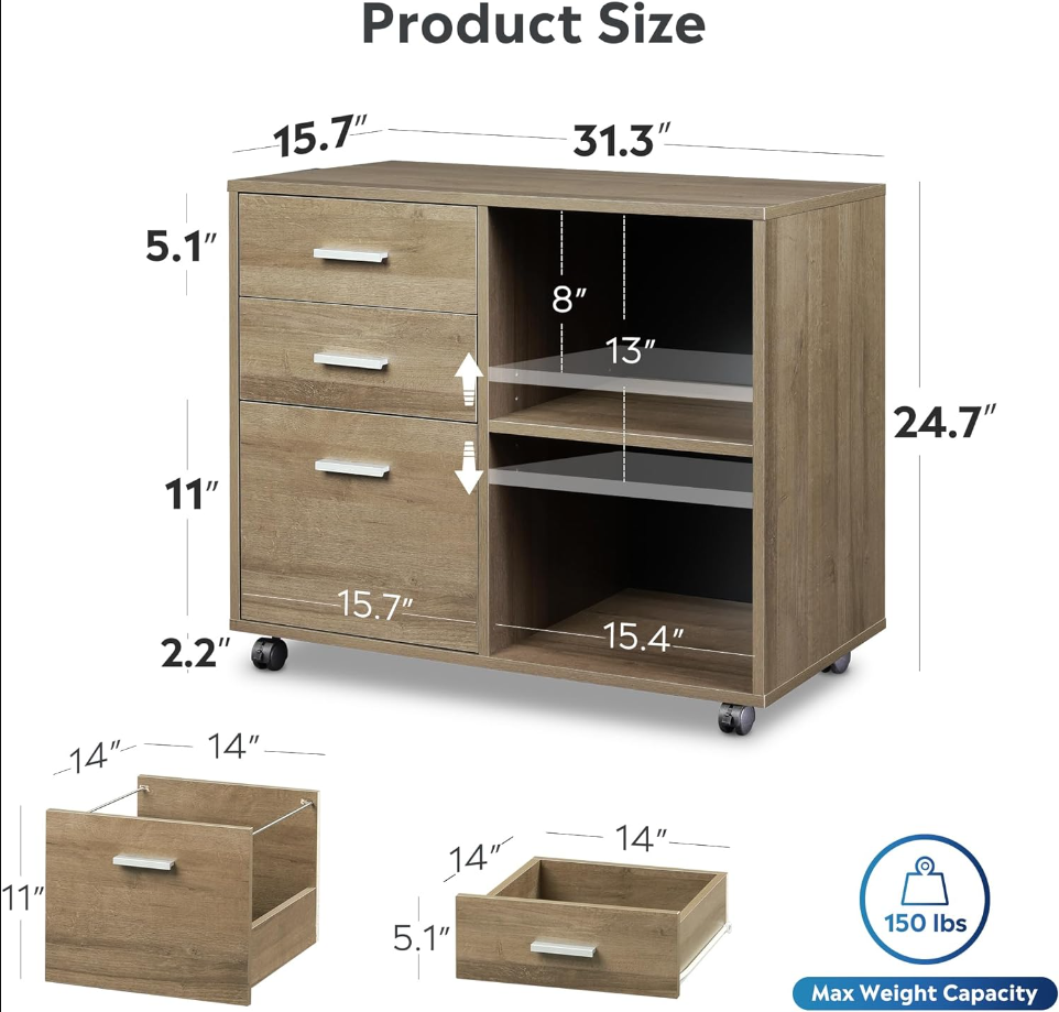 3-Drawer Wood File Cabinet, Mobile Lateral Filing Cabinet, Printer Stand with Open Storage Shelves for Home Office, Gray Oak