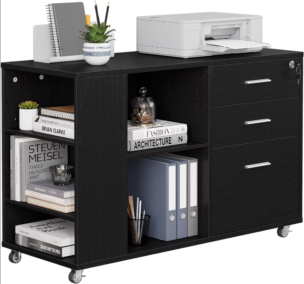 Mobile Wood File Cabinet, 3 Drawer Lateral Filing Cabinet with Open Side Storage Shelves, Printer Stand Storage Cabinet Fits Letter, A4, Legal Size for Home Office Organization, Black