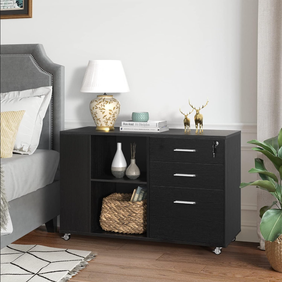 Mobile Wood File Cabinet, 3 Drawer Lateral Filing Cabinet with Open Side Storage Shelves, Printer Stand Storage Cabinet Fits Letter, A4, Legal Size for Home Office Organization, Black