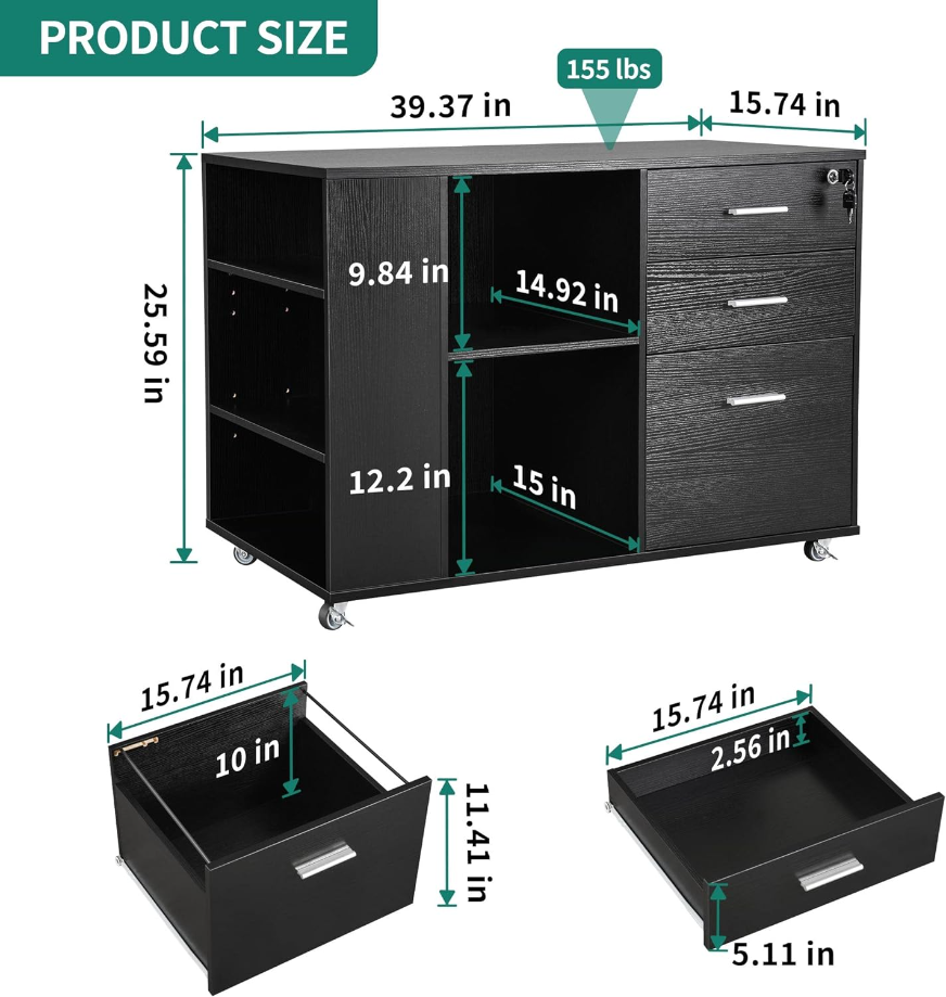 Mobile Wood File Cabinet, 3 Drawer Lateral Filing Cabinet with Open Side Storage Shelves, Printer Stand Storage Cabinet Fits Letter, A4, Legal Size for Home Office Organization, Black