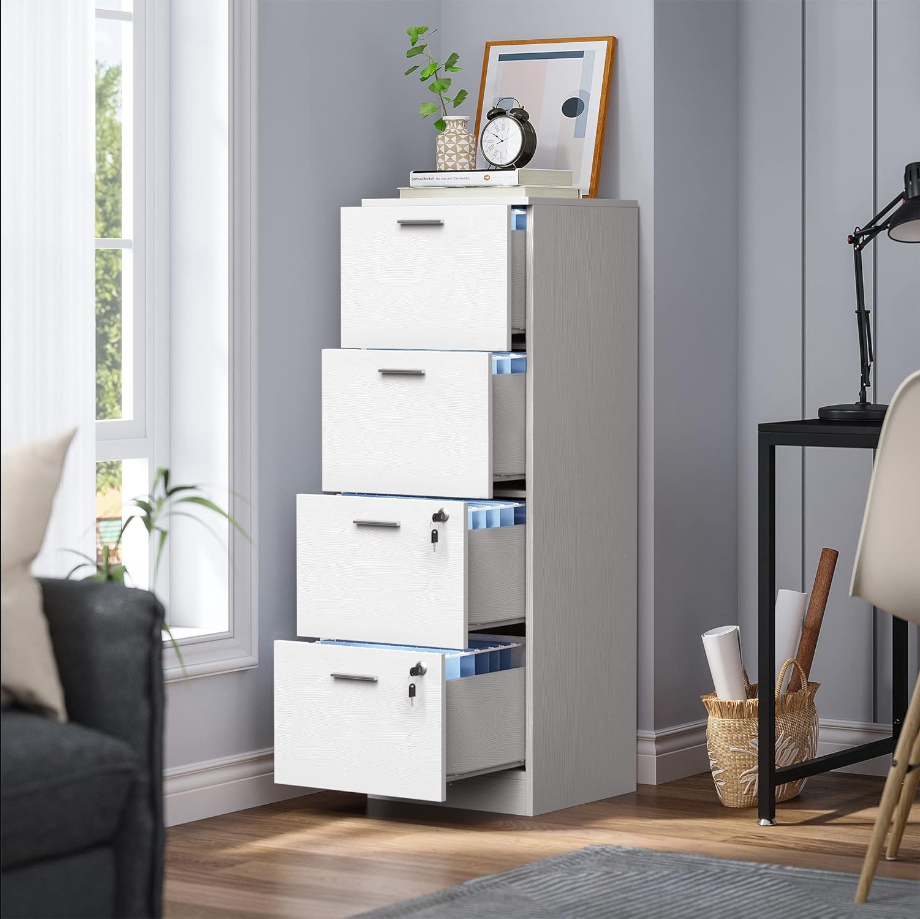 4-Drawer File Cabinet with Lock, 15.86" Deep Vertical Filing Cabinet for Letter A4-Sized Files, Need to Assemble, Storage Cabinet for Home Office, White