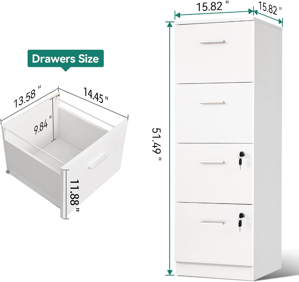 4-Drawer File Cabinet with Lock, 15.86" Deep Vertical Filing Cabinet for Letter A4-Sized Files, Need to Assemble, Storage Cabinet for Home Office, White
