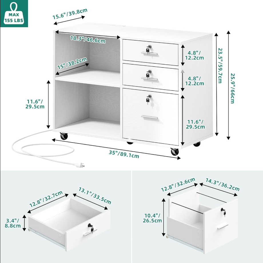 3 Drawer File Cabinet with Charging Station, Mobile Filing Cabinet with Lock, White