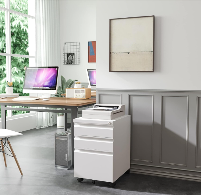 3 Drawer Mobile File Cabinet with Lock, Rolling File Cabinet for Home Office, Under Desk Small File Cabinet, Metal Vertical White Filing Cabinet for Legal/Letter/A4 File, Not Assembled