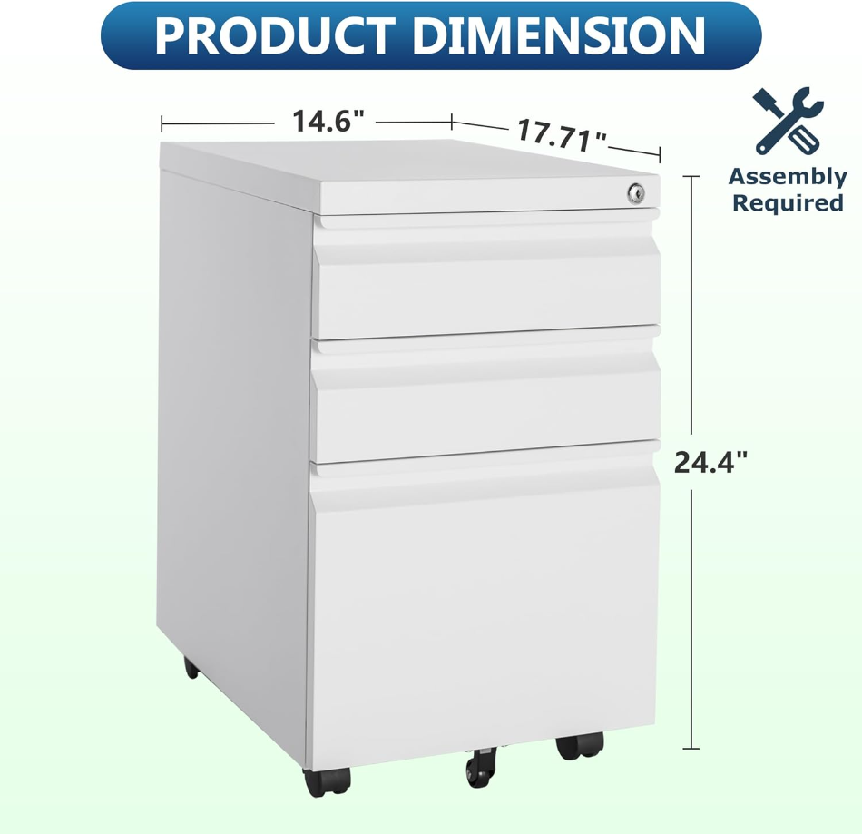 3 Drawer Mobile File Cabinet with Lock, Rolling File Cabinet for Home Office, Under Desk Small File Cabinet, Metal Vertical White Filing Cabinet for Legal/Letter/A4 File, Not Assembled