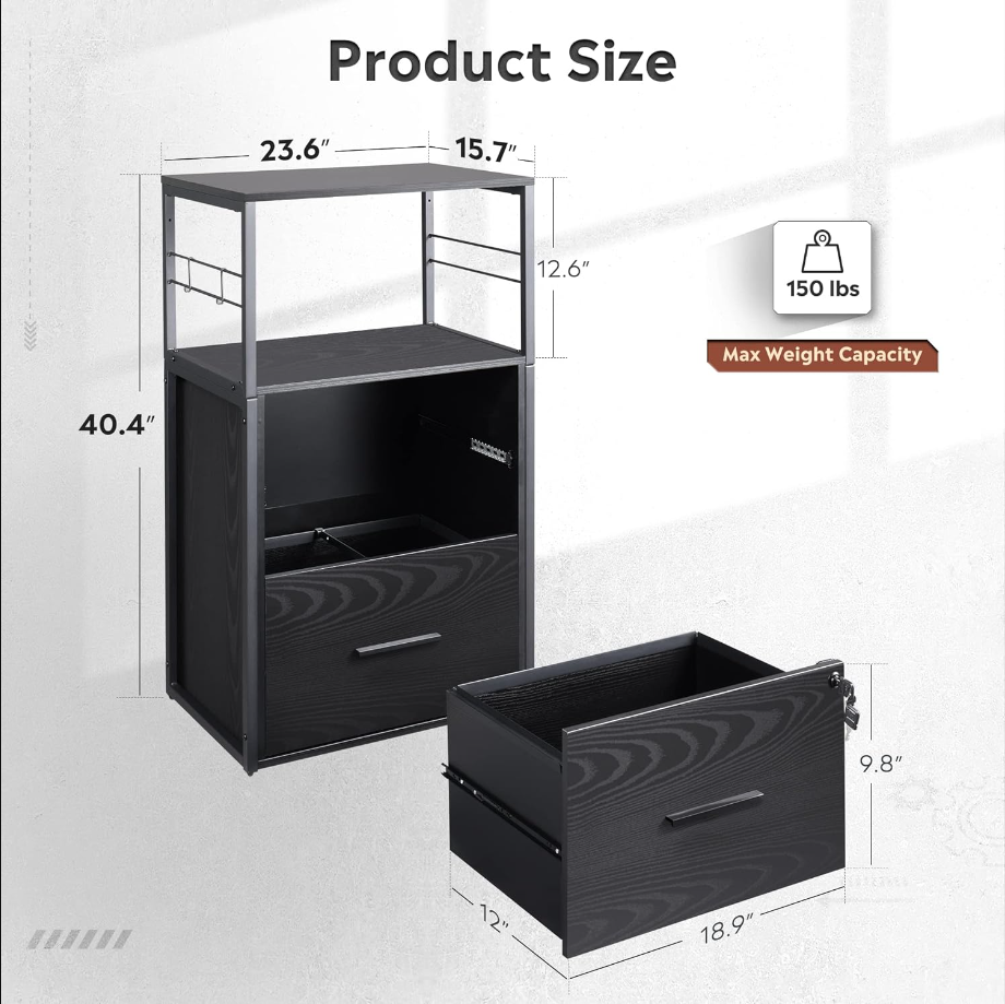 2 Drawer Lateral File Cabinet with Lock, Filing Cabinet fits Letter/Legal/A4 Size, Large Printer Stand with Storage Shelves for Home Office, Black