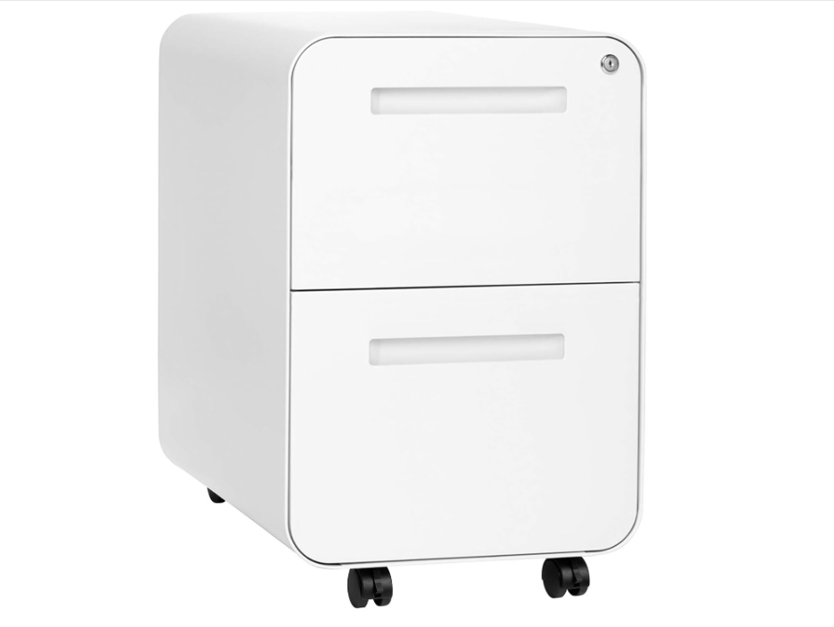 Stockpile 2 Drawer Mobile File Cabinet with Lock - Under Desk Metal Filing Cabinet, Legal/Letter File Folders, Wheels and Stationary Feet, Pre-Assembled, White