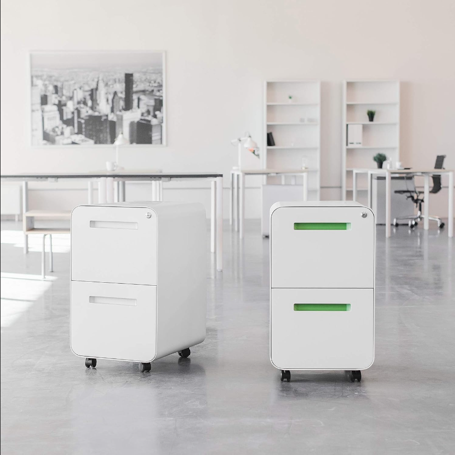 Stockpile 2 Drawer Mobile File Cabinet with Lock - Under Desk Metal Filing Cabinet, Legal/Letter File Folders, Wheels and Stationary Feet, Pre-Assembled, White