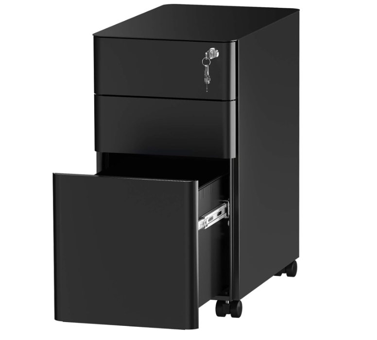 3-Drawer Slim File Cabinet with Lock, Mobile Metal Office Storage Filing Cabinet, Legal/Letter Size, Pre-Assembled File Cabinet Except Wheels Under Desk - Black