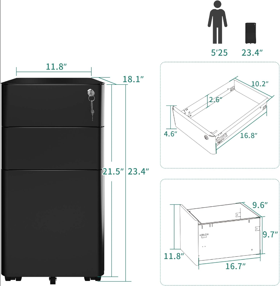 3-Drawer Slim File Cabinet with Lock, Mobile Metal Office Storage Filing Cabinet, Legal/Letter Size, Pre-Assembled File Cabinet Except Wheels Under Desk - Black