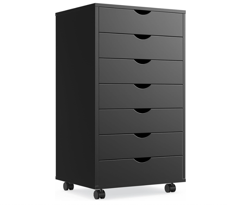 7 Drawer Chest Wood File Cabinet Rolling Organization Storage Dresser with Wheels for Home Office, Black