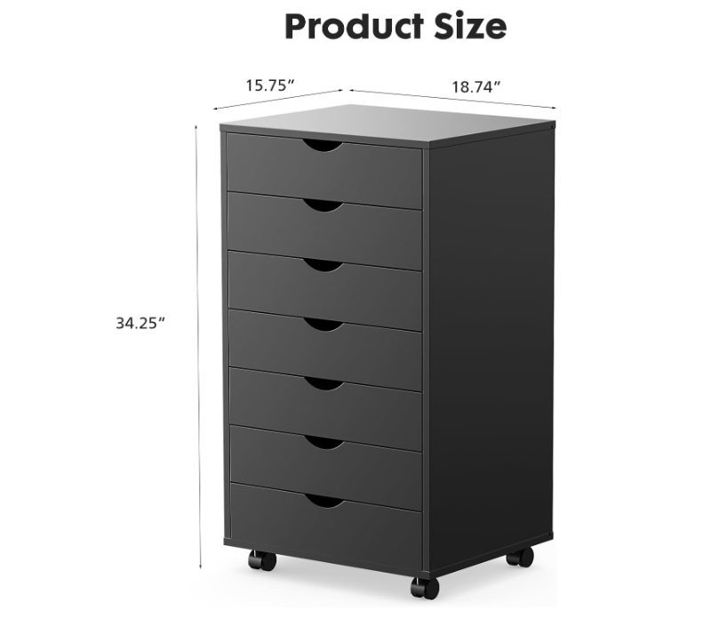 7 Drawer Chest Wood File Cabinet Rolling Organization Storage Dresser with Wheels for Home Office, Black