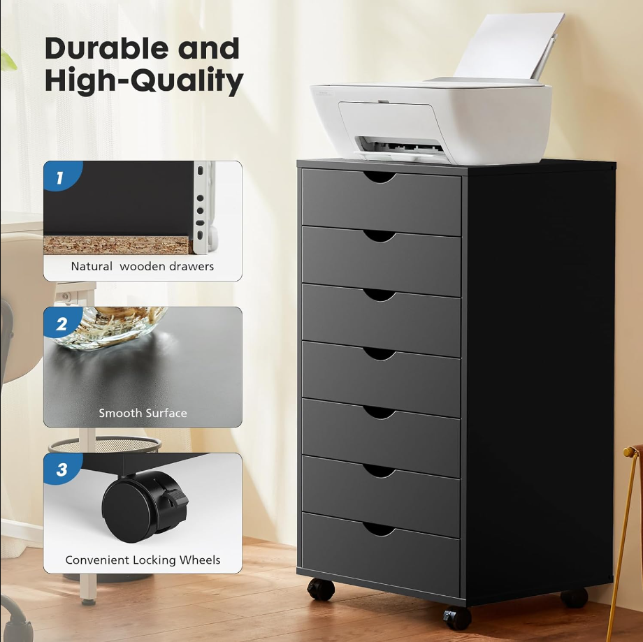 7 Drawer Chest Wood File Cabinet Rolling Organization Storage Dresser with Wheels for Home Office, Black