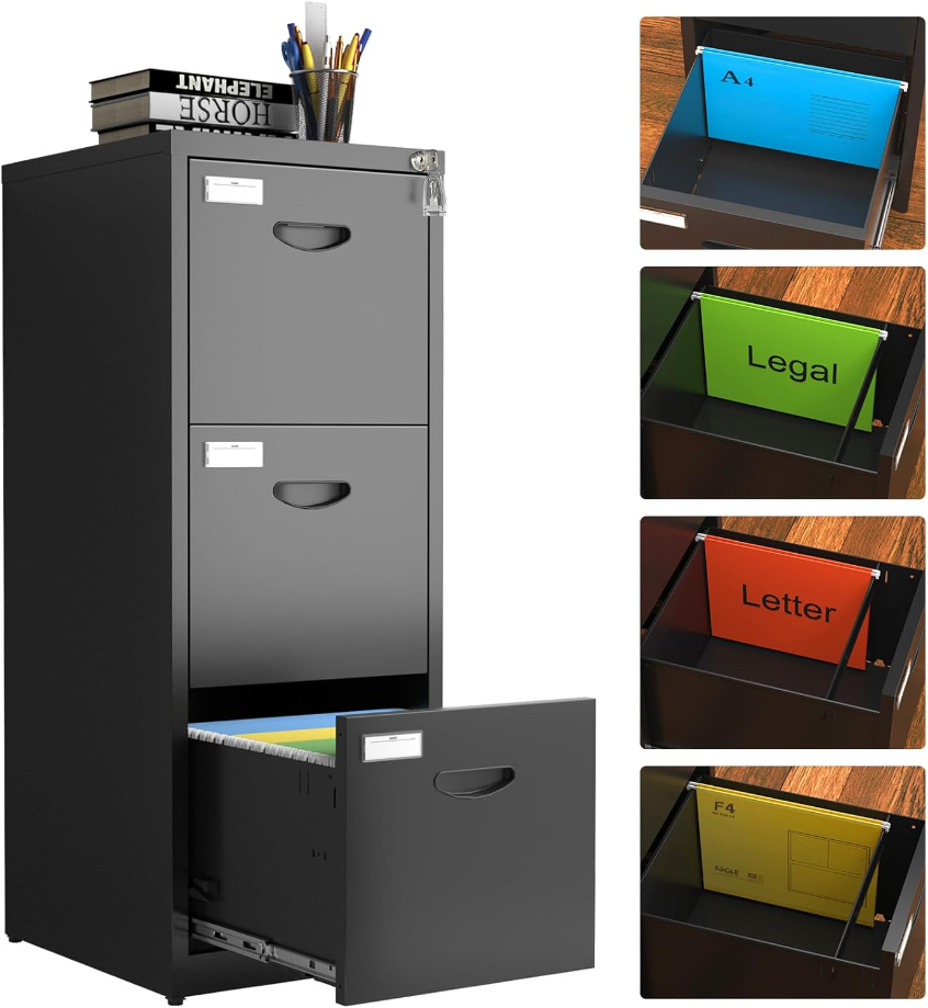 3 Drawer Filing Cabinet with Lock, Black Metal File Cabinet for Home Office, Locking Vertical File Cabinets, Light Duty Steel Filling Storage Cabinet for Hanging Letter/Legal/A4 Size-Assembly Required