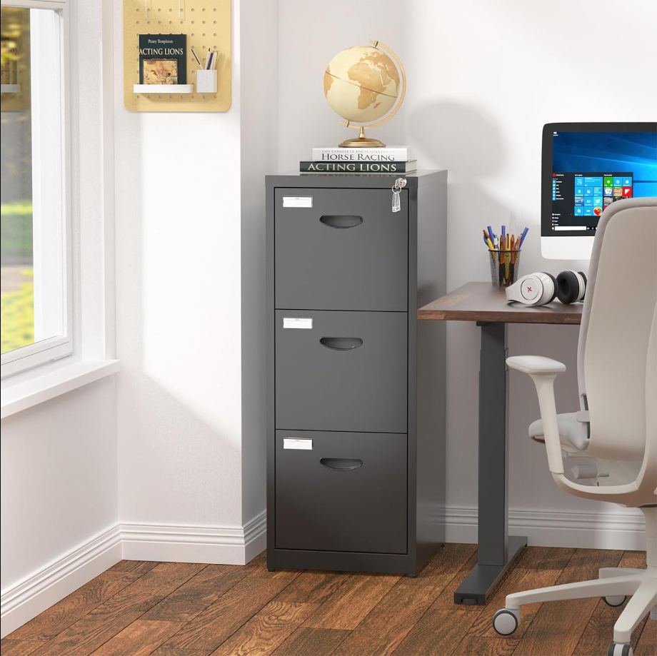 3 Drawer Filing Cabinet with Lock, Black Metal File Cabinet for Home Office, Locking Vertical File Cabinets, Light Duty Steel Filling Storage Cabinet for Hanging Letter/Legal/A4 Size-Assembly Required