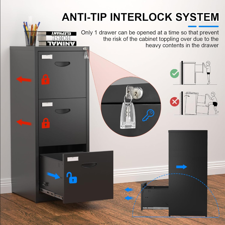 3 Drawer Filing Cabinet with Lock, Black Metal File Cabinet for Home Office, Locking Vertical File Cabinets, Light Duty Steel Filling Storage Cabinet for Hanging Letter/Legal/A4 Size-Assembly Required