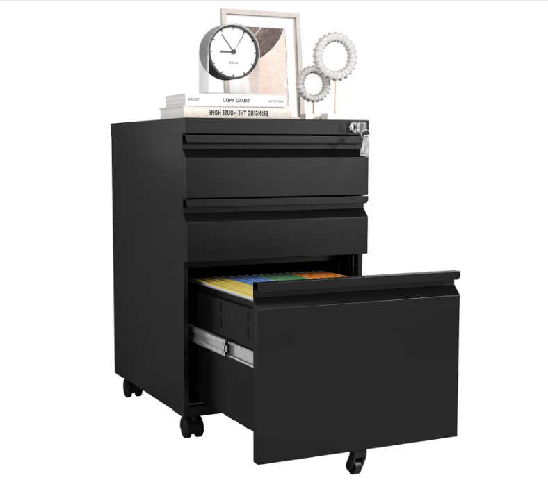 3 Drawers Mobile File Cabinet, Rolling File Cabinet Fully Assembled Under Desk, Metal Filing Cabinet with Lock for Home Office Organizer Letters/Legal/A4 (Black)