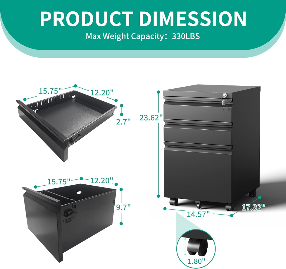 3 Drawers Mobile File Cabinet, Rolling File Cabinet Fully Assembled Under Desk, Metal Filing Cabinet with Lock for Home Office Organizer Letters/Legal/A4 (Black)