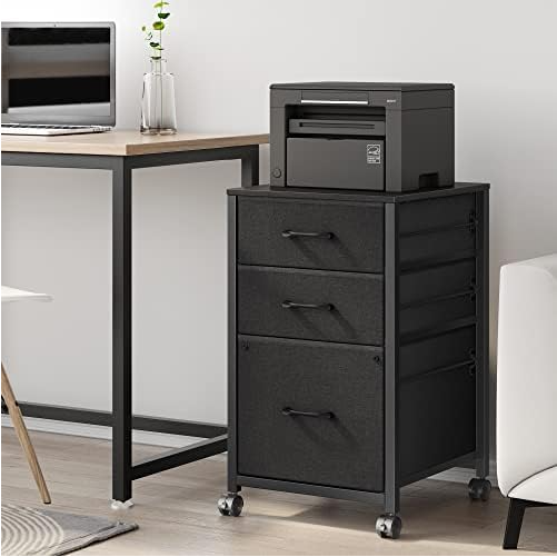 3 Drawer File Cabinet Printer Stand Filing Cabinet Rolling File Cabinets for Home Office Fabric Vertical Office Storage Cabinet Fits A4, Legal, Letter Size, 16.9" D*15.6" W*26.6" H, Black