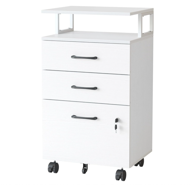 File Cabinet with Lock for Home Office, 3-Drawer Rolling Filing Cabinet, Home Office File Cabinet for A4LetterLegal Size, Printer Stand, Wooden Storage Cabinet, White