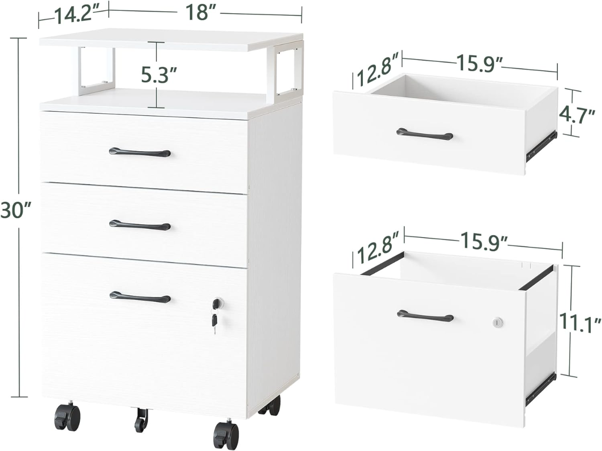 File Cabinet with Lock for Home Office, 3-Drawer Rolling Filing Cabinet, Home Office File Cabinet for A4LetterLegal Size, Printer Stand, Wooden Storage Cabinet, White