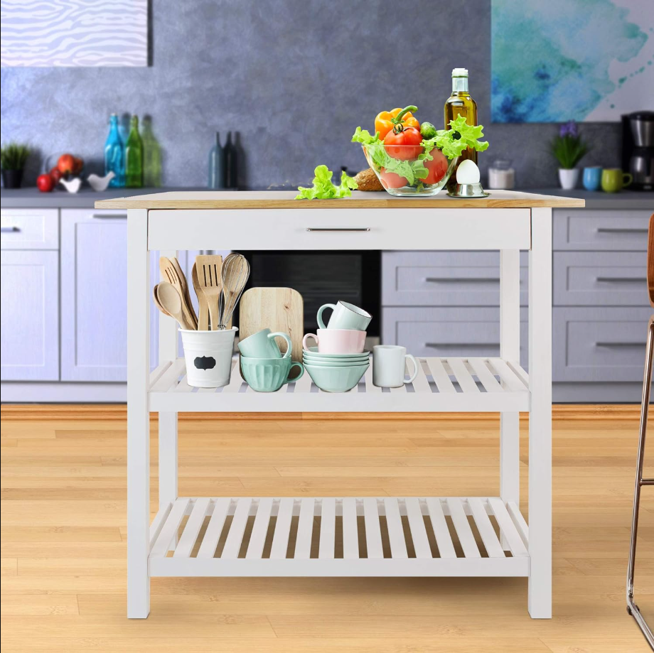 Solid Hardwood Top, Natural/White, 40" W (373-91) Kitchen Island, Natural&White