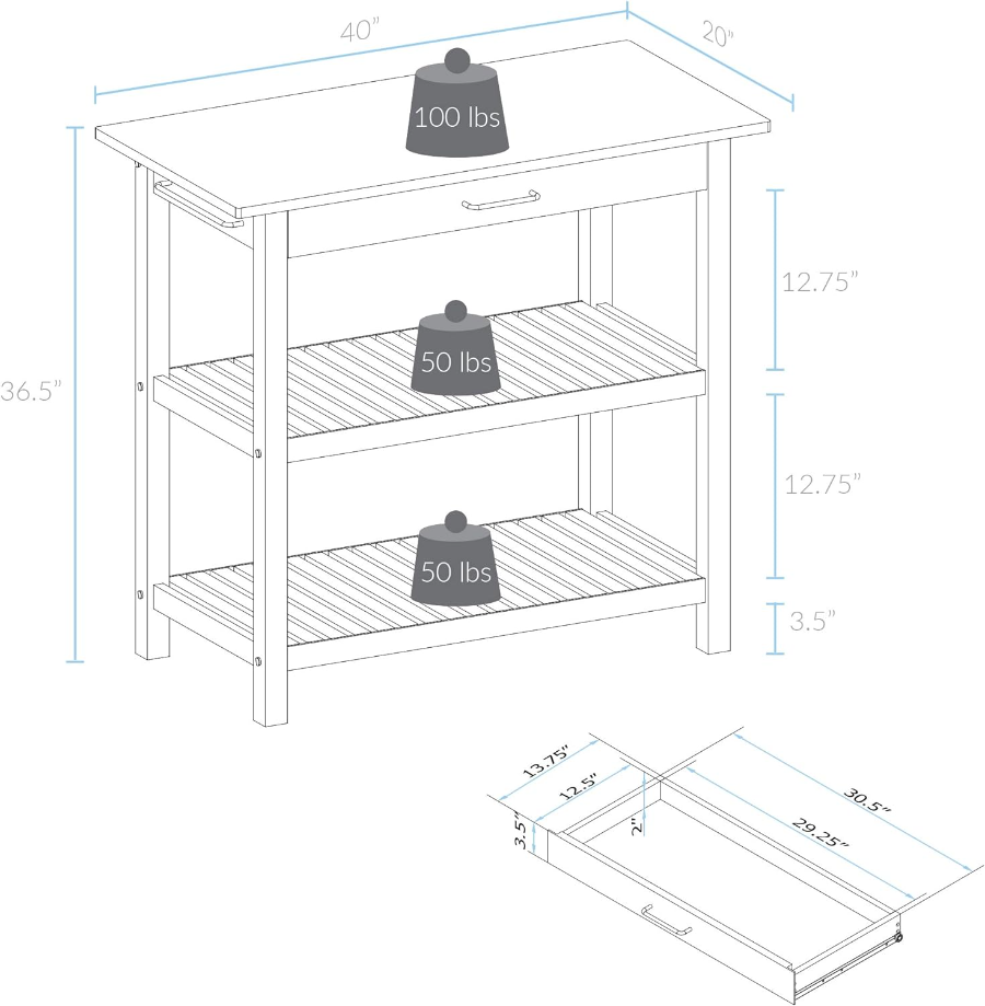 Solid Hardwood Top, Natural/White, 40" W (373-91) Kitchen Island, Natural&White