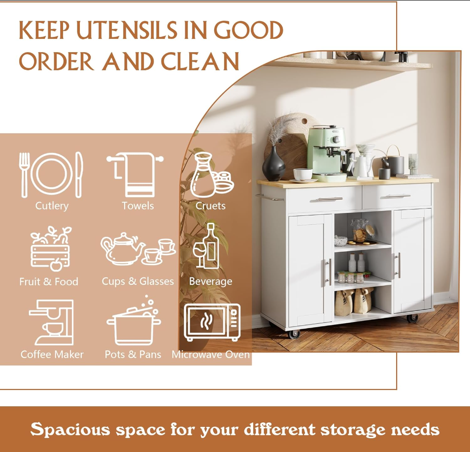 Kitchen Island Cart Furniture cart on Wheels with Storage，Rolling Portable Dining Room Serving Utility Carts Mobile Movable with Drawers Cabinet