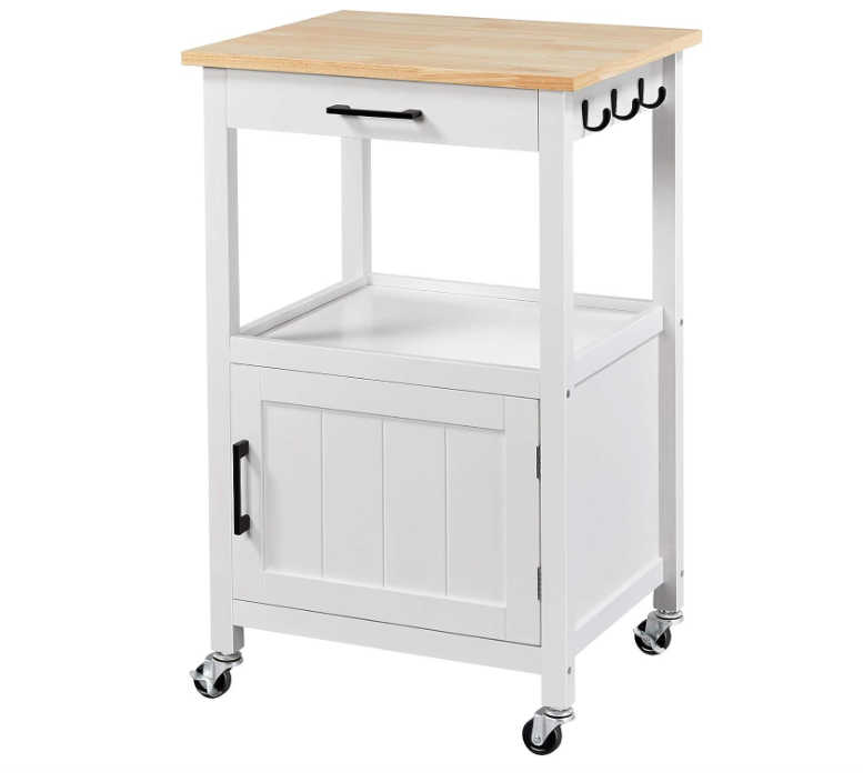 Rolling Kitchen Island with Single Door Cabinet, Kitchen Cart with Drawer on Swivel Wheels, Small Coffee Cart Microwave Stand with 3 Side Hooks for Dining Room, White