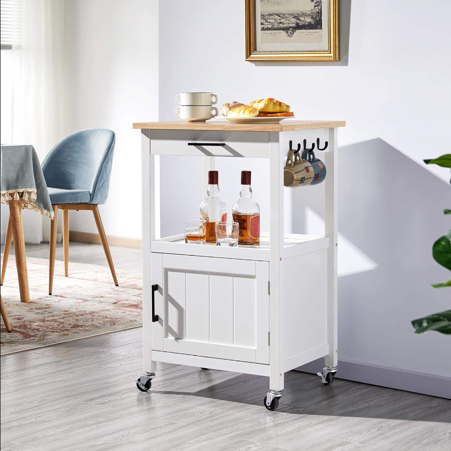 Rolling Kitchen Island with Single Door Cabinet, Kitchen Cart with Drawer on Swivel Wheels, Small Coffee Cart Microwave Stand with 3 Side Hooks for Dining Room, White