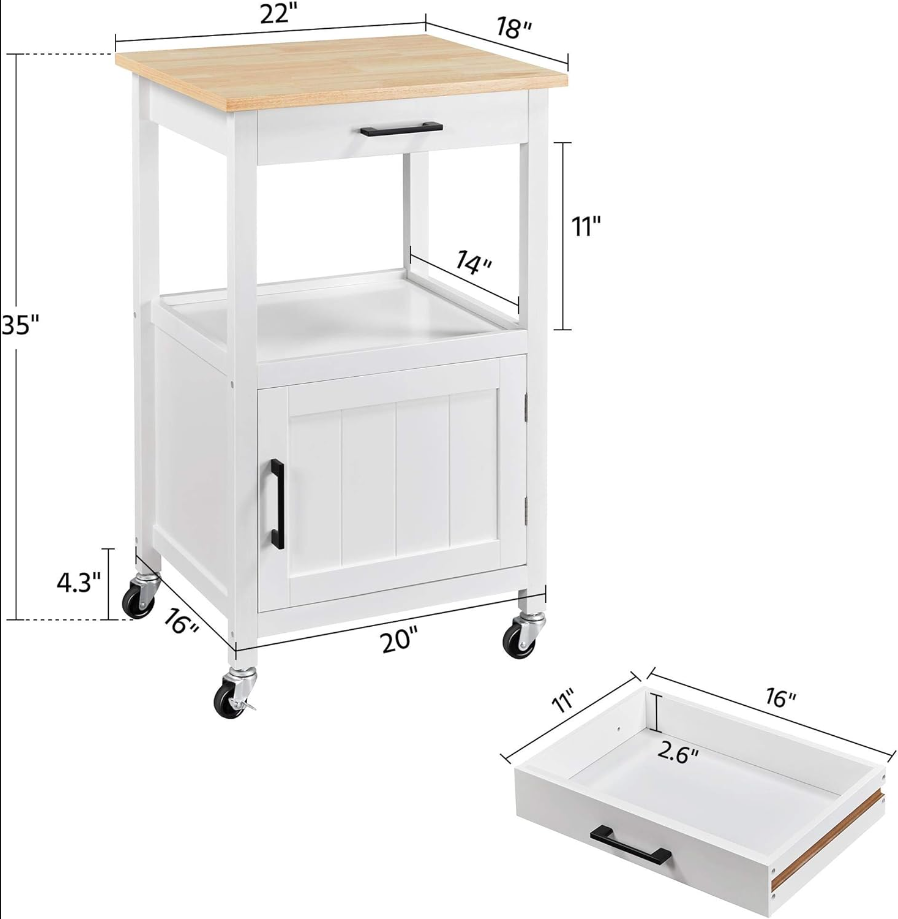 Rolling Kitchen Island with Single Door Cabinet, Kitchen Cart with Drawer on Swivel Wheels, Small Coffee Cart Microwave Stand with 3 Side Hooks for Dining Room, White