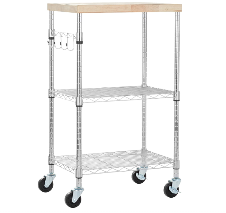 Kitchen Storage Microwave Rack Cart on Caster Wheels with Adjustable Shelves, 175 Pound Capacity, 15 x 21 x 36.7 inches, Wood/Chrome