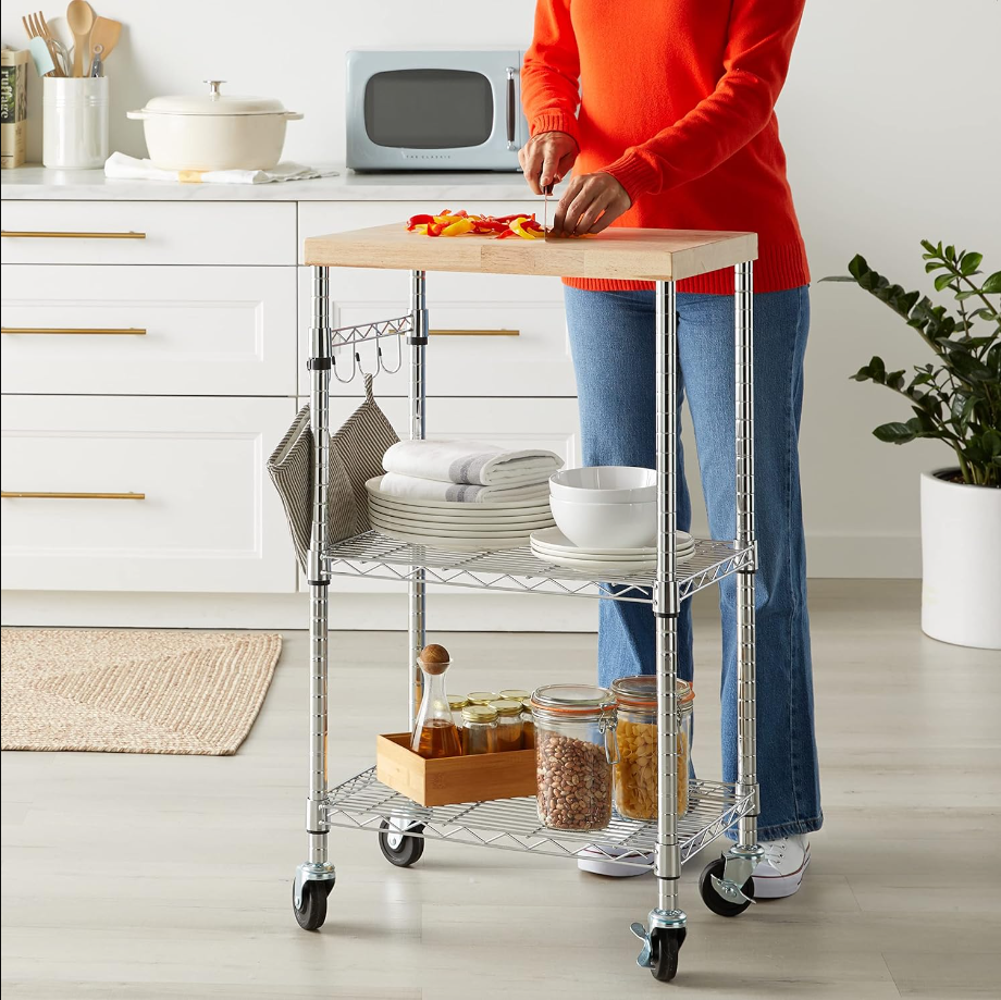 Kitchen Storage Microwave Rack Cart on Caster Wheels with Adjustable Shelves, 175 Pound Capacity, 15 x 21 x 36.7 inches, Wood/Chrome