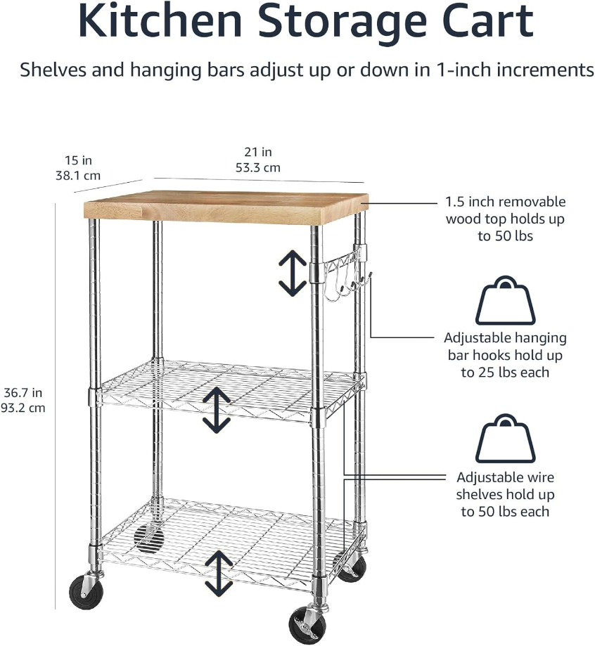 Kitchen Storage Microwave Rack Cart on Caster Wheels with Adjustable Shelves, 175 Pound Capacity, 15 x 21 x 36.7 inches, Wood/Chrome