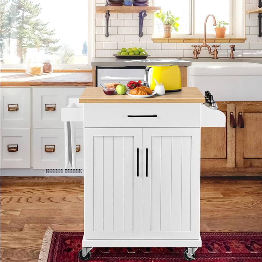Kitchen Cart with Bamboo Tabletop, 34.5 Width Rolling Kitchen Island with Drawer and Adjustable Shelf, Storage Cabinet with Spice Rack Towel Bar for Dining Room Kitchen Living Room, White