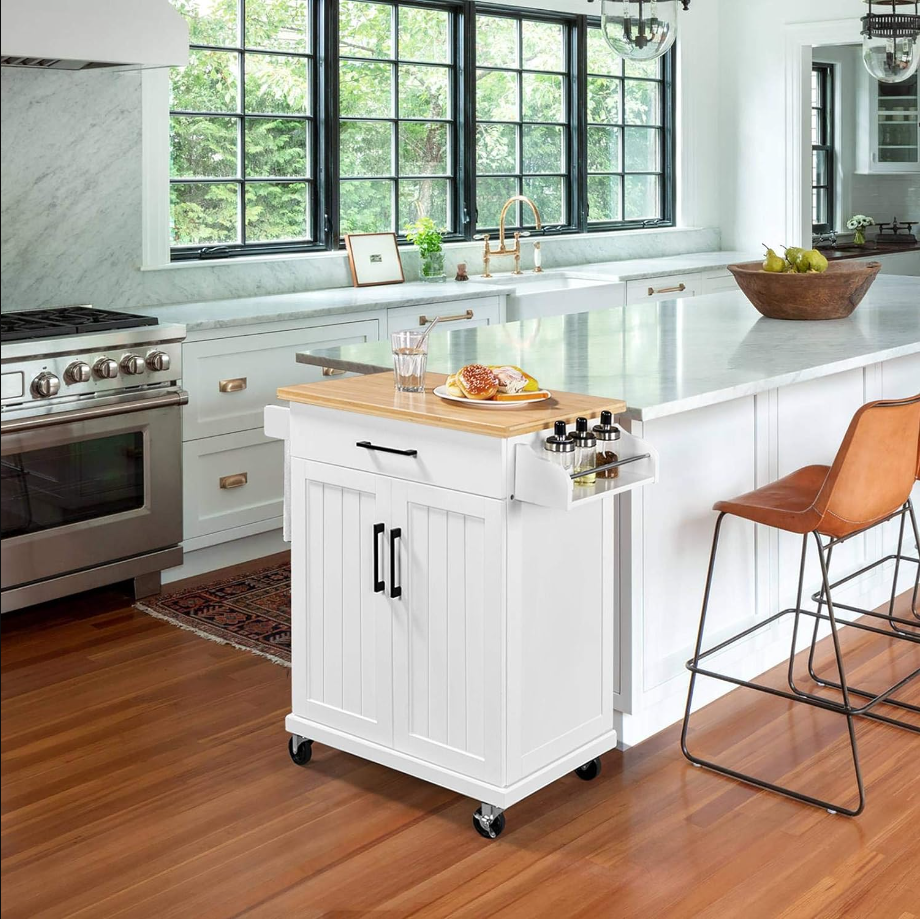 Kitchen Cart with Bamboo Tabletop, 34.5 Width Rolling Kitchen Island with Drawer and Adjustable Shelf, Storage Cabinet with Spice Rack Towel Bar for Dining Room Kitchen Living Room, White