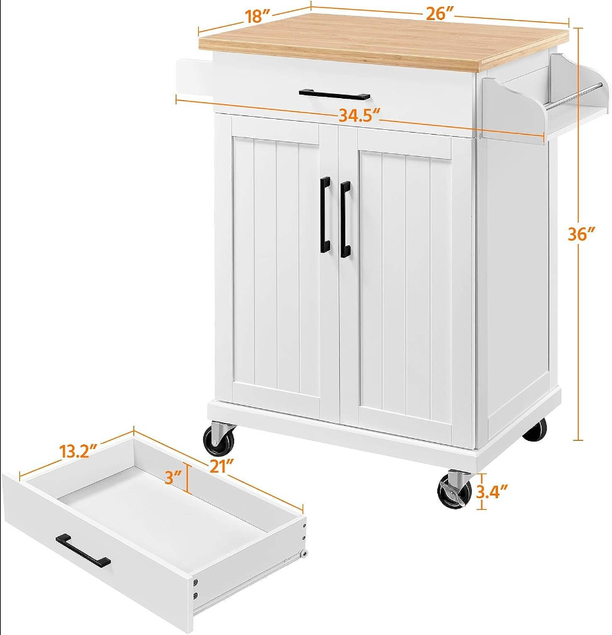 Kitchen Cart with Bamboo Tabletop, 34.5 Width Rolling Kitchen Island with Drawer and Adjustable Shelf, Storage Cabinet with Spice Rack Towel Bar for Dining Room Kitchen Living Room, White