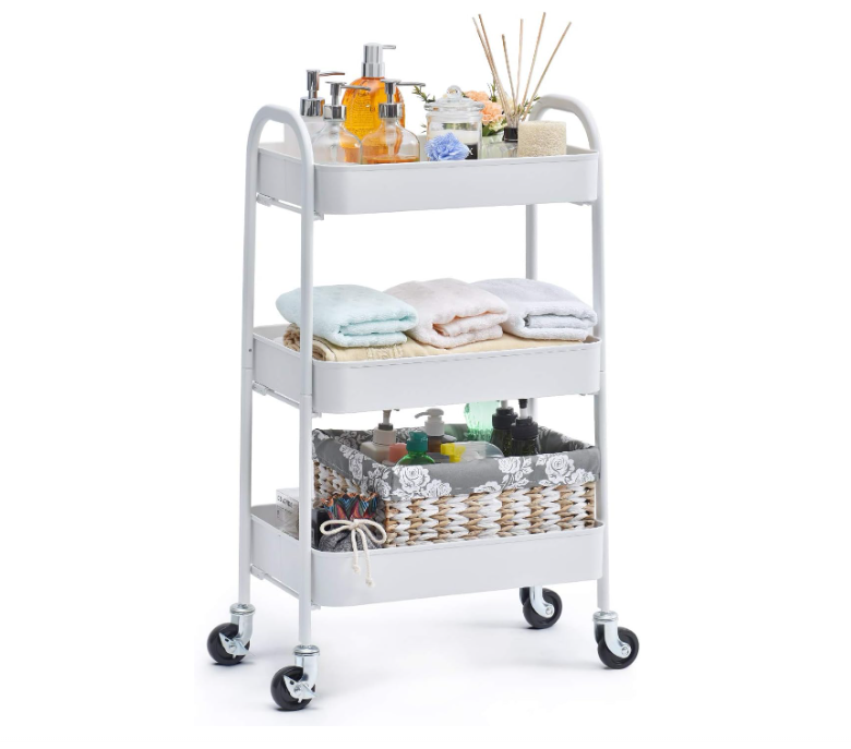 3 Tier Rolling Cart, No Screw Metal Utility Cart, Easy Assemble Utility Serving Cart, Sturdy Storage Trolley with Handles, Locking Wheels, for Classroom Office Home Bedroom Bathroom, White