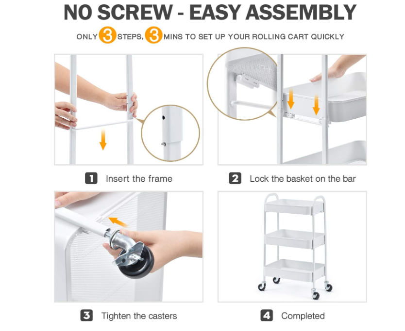3 Tier Rolling Cart, No Screw Metal Utility Cart, Easy Assemble Utility Serving Cart, Sturdy Storage Trolley with Handles, Locking Wheels, for Classroom Office Home Bedroom Bathroom, White
