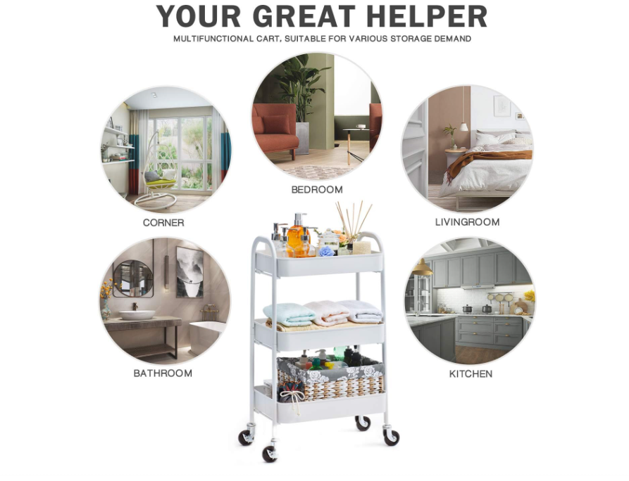 3 Tier Rolling Cart, No Screw Metal Utility Cart, Easy Assemble Utility Serving Cart, Sturdy Storage Trolley with Handles, Locking Wheels, for Classroom Office Home Bedroom Bathroom, White