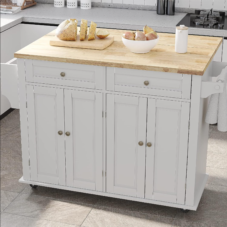 Rolling Kitchen Island with Drop Leaf – Movable Kitchen Carts on Wheels Island with Storage Cabinet, Island Table for Kitchen with Rubber Wood Top and Rack and Drawers, Matte, White