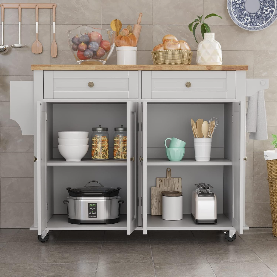 Rolling Kitchen Island with Drop Leaf – Movable Kitchen Carts on Wheels Island with Storage Cabinet, Island Table for Kitchen with Rubber Wood Top and Rack and Drawers, Matte, White