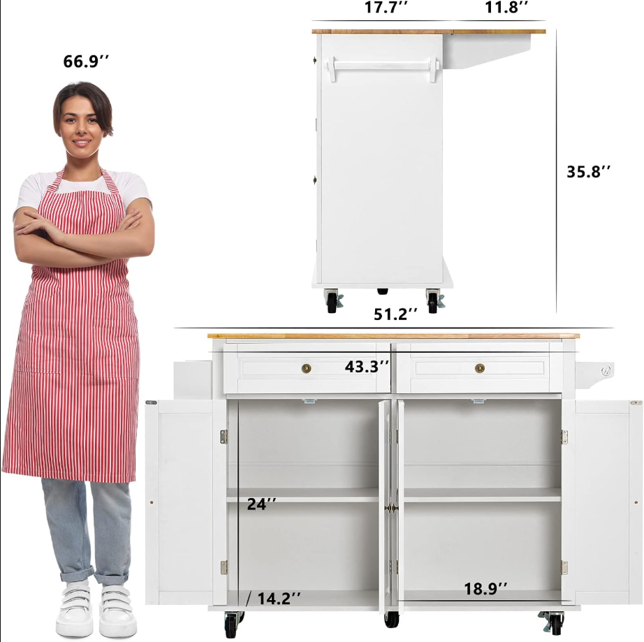 Rolling Kitchen Island with Drop Leaf – Movable Kitchen Carts on Wheels Island with Storage Cabinet, Island Table for Kitchen with Rubber Wood Top and Rack and Drawers, Matte, White