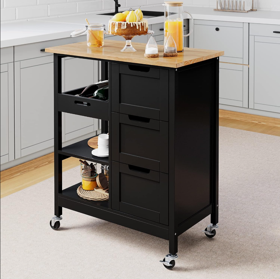 Kitchen Island with Storage, Kitchen Cart for Home, Rolling Serving Utility Trolley Cart on Wheel with 3 Drawers and 3 Storage Shelves, Kitchen Serving Cart for Dining Room, Bar, Black